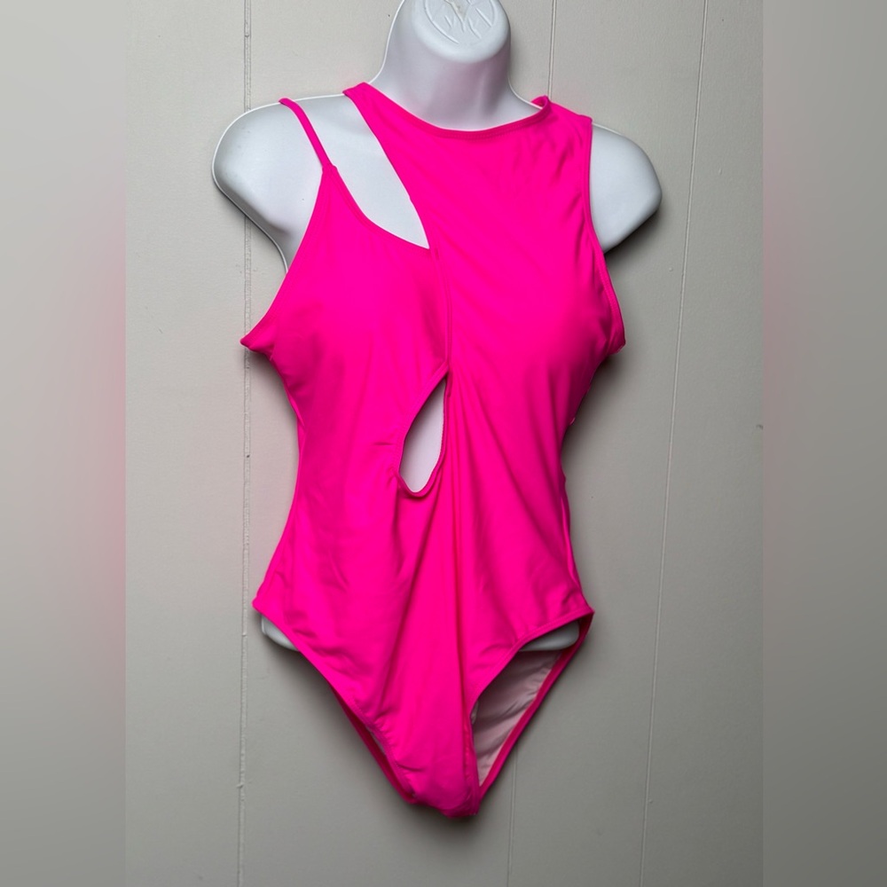 NWT Hilinker Hot Pink One Piece Swimsuit High Cut Leg Mid Torso Cutout Size L